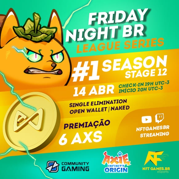 NftGames_br's tweet photo. Estão abertas as inscrições pra 12ªEtapa da Liga Friday Night de hoje.

Esse evento é aberto a todos e classifica para o Super Friday Night no final do mês, que vai pagar 65 AXS!

https://t.co/1rRdQmFH7W https://t.co/2rdC4da7kn