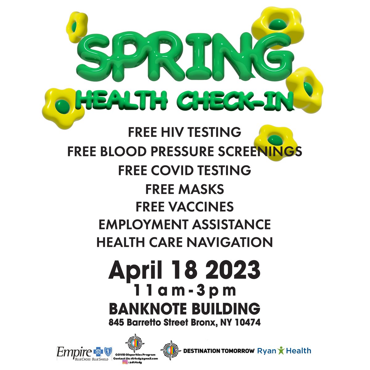 Dest2morrow's tweet image. It's that time of year for a Spring Health Check-In! 

4/18 11am-3pm at the BANKNOTE BUILDING! 
FREE:
HIV tests
Blood Pressure Screenings
COVID Tests
Masks
Vaccines
Employment Assistance
Healthcare Navigation
#destinationtomorrow #healthcheckin #springcleaning #healthiswealth