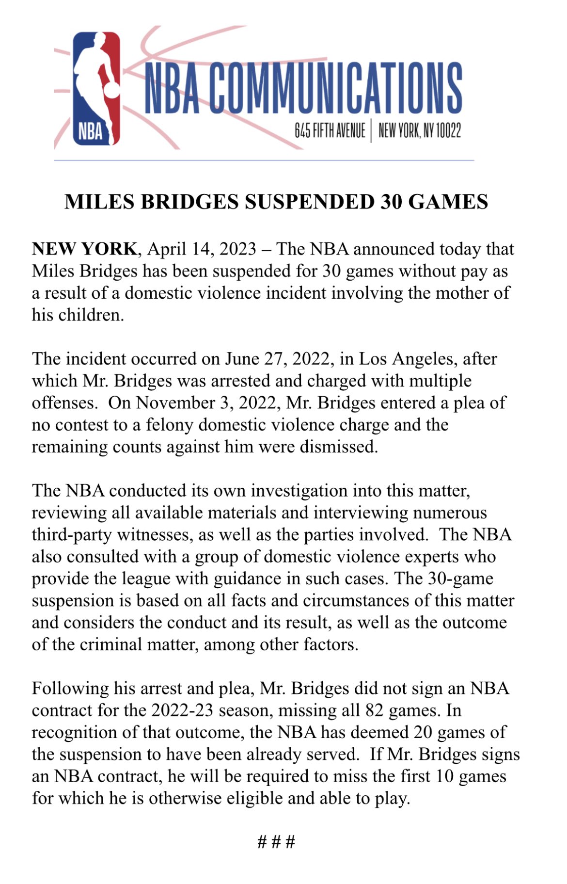 NBA Communications on Twitter "The following was released by the NBA