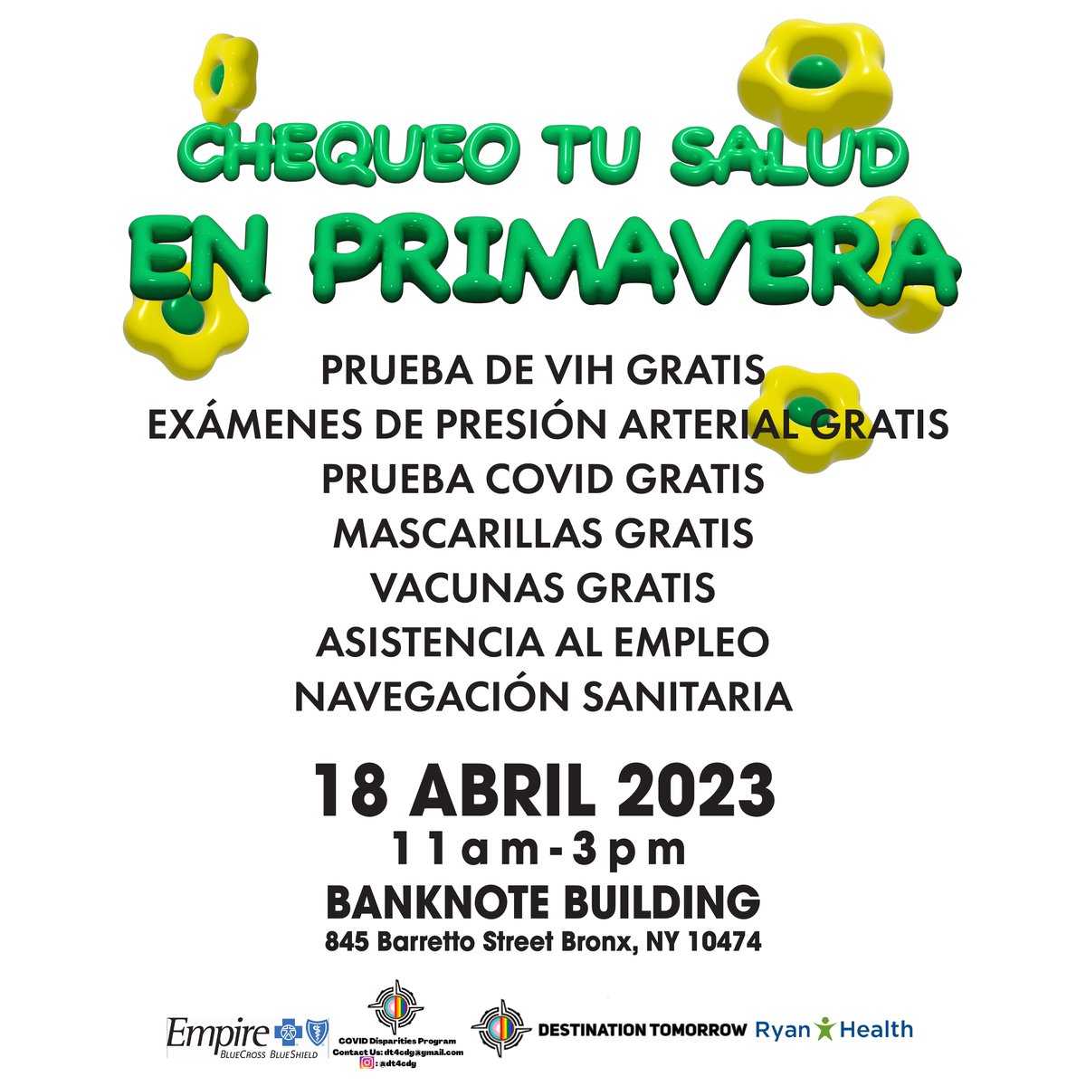 Dest2morrow's tweet image. It's that time of year for a Spring Health Check-In! 

4/18 11am-3pm at the BANKNOTE BUILDING! 
FREE:
HIV tests
Blood Pressure Screenings
COVID Tests
Masks
Vaccines
Employment Assistance
Healthcare Navigation
#destinationtomorrow #healthcheckin #springcleaning #healthiswealth
