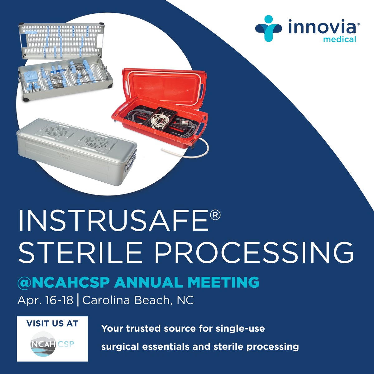 InnoviaMedical's tweet photo. Innovia Medical is pleased to announce that we are attending the 2023 NCAHCSP Annual Meeting in Carolina Beach, NC, on Apr. 16-18! Be sure to visit us and check out our premium InstruSafe® sterile processing essentials.
#NCAHCSP2023 #sterileprocessing #InstruSafe #InnoviaMedical https://t.co/u5J5cbvjzb