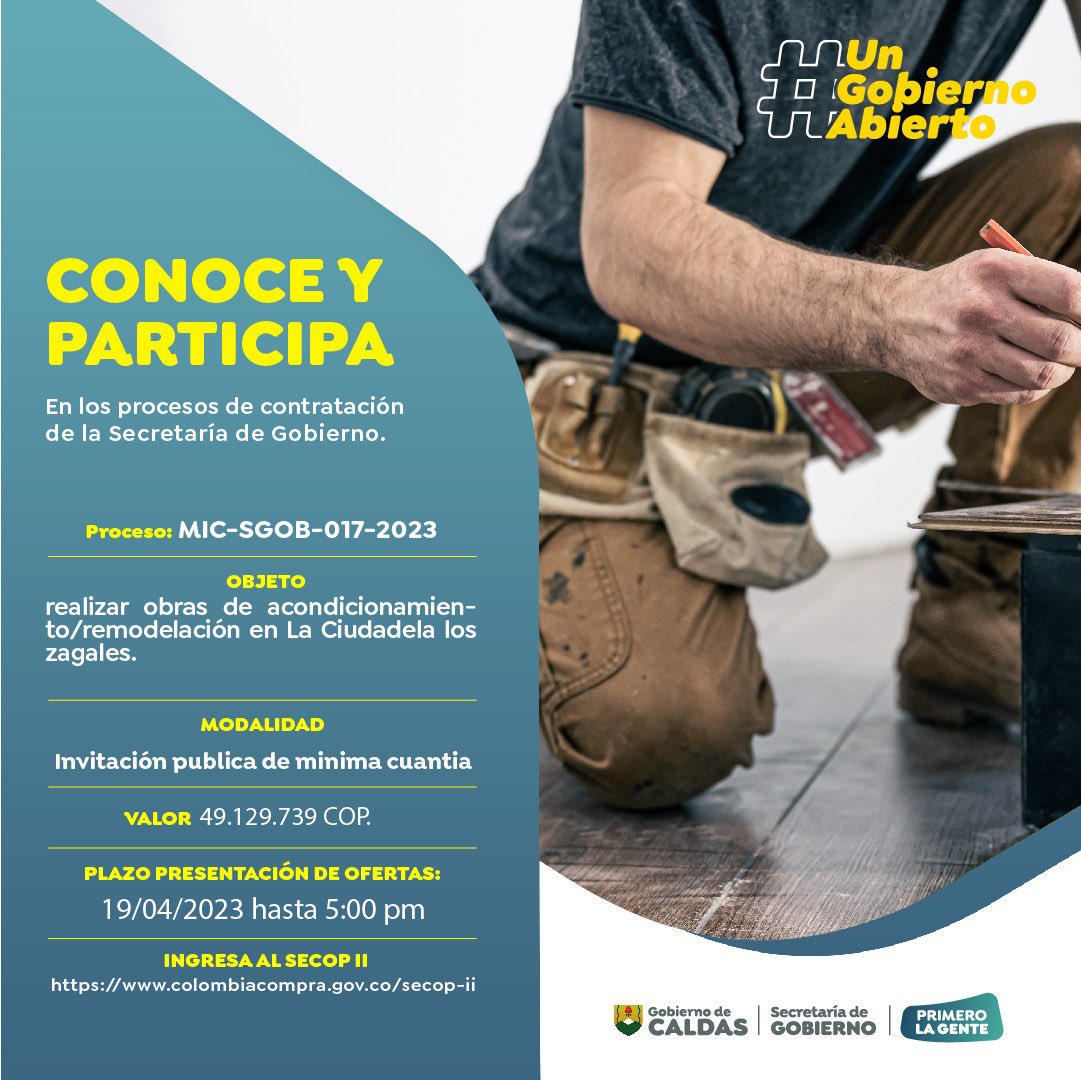 Ya puedes presentar ofertas para este proceso de licitación pública de la secretaría de Gobierno que tiene como objeto de realizar obras de acondicionamiento/remodelación en La Ciudadela Los Zagales. 

<a href="/GoberCaldas/">Gobernación de Caldas</a> @LuisCarlosGober <a href="/colombiacompra/">Colombia Compra Eficiente</a> <a href="/Corcivicaldas/">Corporación Cívica de Caldas</a>