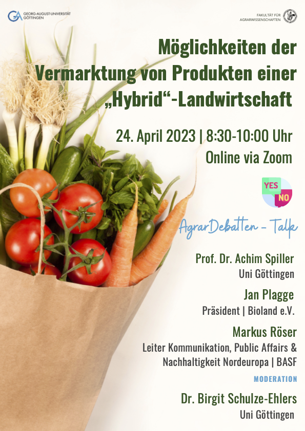 📣#AgrarDebattenTalk ⏰24.04. 8:30 - 10 Uhr via Zoom !
Mit <a href="/agriachim/">Achim Spiller</a> von der Universität Göttingen, Jan Plagge, Präsident <a href="/bioland_de/">Bioland</a>  und <a href="/RoeserMarkus/">Markus Röser</a> von <a href="/BASF_Agro_DE/">BASF Agricultural Solutions DE</a>.
Thema: Möglichkeiten der Vermarktung von Produkten einer Hybrid-Landwirtschaft
❗️lnkd.in/e7W_RG8M❗️
