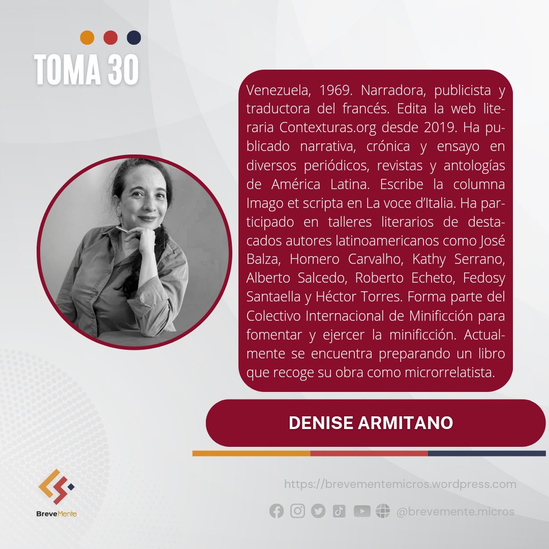 La cita es mañana para compartir minificción con 𝑫𝒆𝒏𝒊𝒔𝒆 𝑨𝒓𝒎𝒊𝒕𝒂𝒏𝒐 🇻🇪. Leeremos sus textos y hablaremos sobre su trabajo.

🗓 𝗙𝗲𝗰𝗵𝗮: 15/abril/2023
🕔 𝗛𝗼𝗿𝗮: 5:00pm / 7:00pm (Centroamérica /Venezuela) 
📍 𝗟𝘂𝗴𝗮𝗿: Facebook Live
facebook.com/BreveMente.mic…