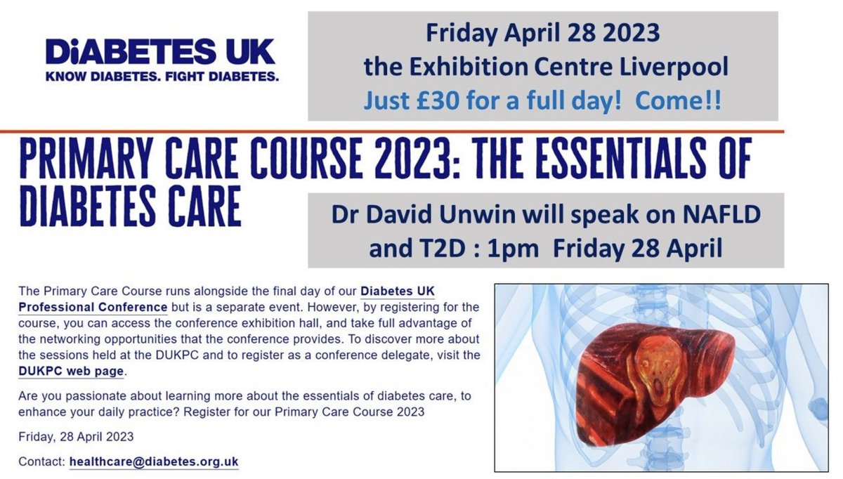 <a href="/DiabetesUK/">Diabetes UK</a> is running a packed daylong primary care course in Liverpool We will be covering CGM, renal medicine, lipids, T2D in the young and more! I will be talking about fatty liver &amp; T2D diabetes.org.uk/diabetes-uk-pr…