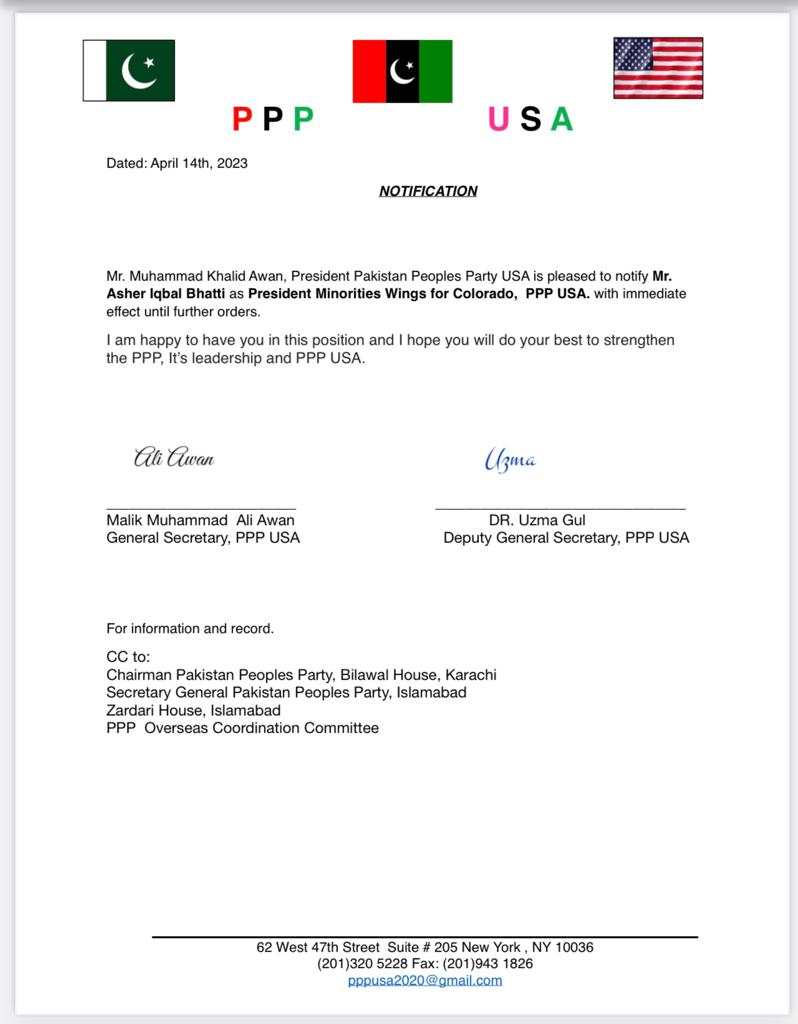 PPPUSA_Org's tweet photo. Congratulations Mr. #AsherIqbalBhatti notified as President #MinoritiesWing for #Colorado State #PPP #Overseas #Pakistan #MinoritiesWing #USA #PPPUSA #CA #ReligiousMinorities
@BBhuttoZardari @BakhtawarBZ @AseefaBZ
@SurendarValasai @PPPDigitalUSA https://t.co/rRAD7JuHHc