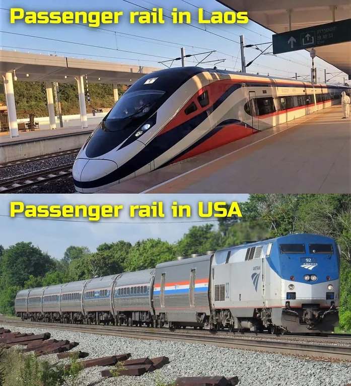 ➡️ Laos has a GDP of $18.83 billion USD
➡️ Laos built a 261 mile long passenger train line with 20 stations at a cost of $6 billion USD (2016-2021)

➡️ USA has a GDP of $23.32 trillion USD
➡️ USA doesn't have the money to build new train lines like Laos does