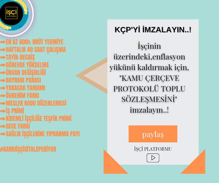 🗣️Enflasyon artıyor,
Maaşlar yerinde sayıyor,
Kçp'yi zaman geçirmeden,işçinin talepleri dogrultusunda imzalayın..!
@vedatbilgn
@csgbakanligi
@turkiskonf
@hakiskonf
@DrSinanOgan
@meral_aksener
@kilicdarogluk
@RTErdogan
#2023KÇP

↘️TALEPLERİMİZ↙️