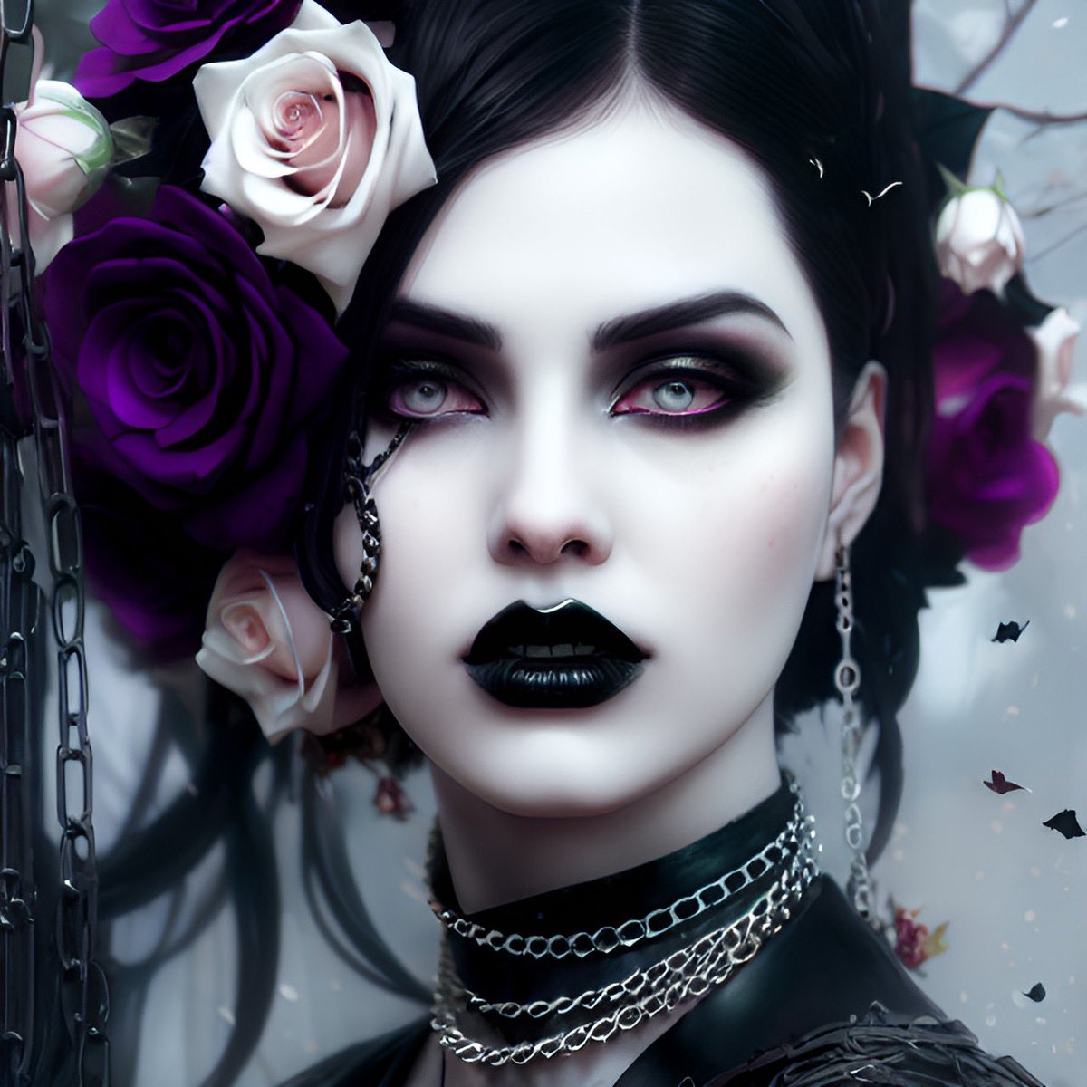 Blue__Maddox's tweet photo. Chains, Makeup and Roses 🥀🖤

#mixedmediaart #ai #generativeart #nft #contemporaryart #newmediaart #aiartist #wombodream #gothgirl #gothculture #gothaesthetic #vampireprincess https://t.co/r8txZzw9R5