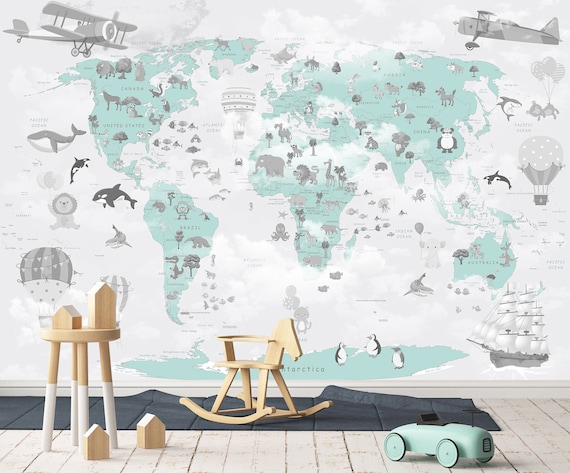 Wall World Map Kids Room Mural Wallpaper Animal etsy.me/3GJVWiD #kidswallpaper #kidsroommural #childrenwallpaper #mapofworldkids @etsymktgtool