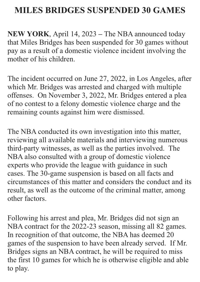 NBA suspends Miles Bridges 30 games for domestic violence incident