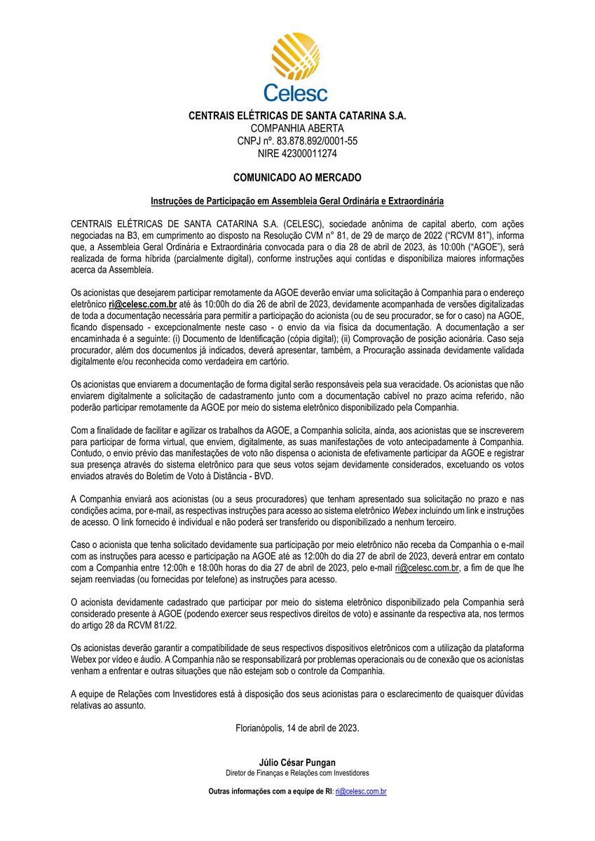 CalixtoCapital's tweet image. #CLSC | CELESC | Comunicado ao Mercado