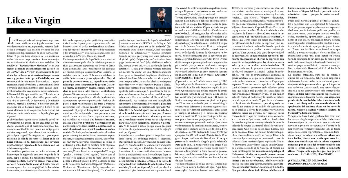 🔴OPINIÓN | “LIKE A VIRGIN” 

“Supremacismo Madonna”, y es que siguen pensando inexplicablemente que son los de los 90. “Like a Virgin”, inconscientes de que desde fuera llevan ya demasiado tiempo dando cosita y que tras tanta operación fallida ya no los reconoce ni la seva
