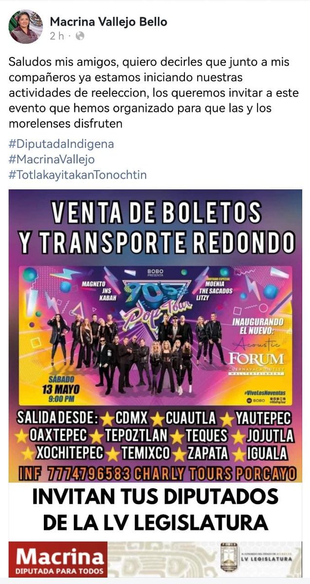 A nombre de la #LVLegislatura, la Diputada <a href="/MacrinaVallejo/">Macrina Vallejo</a> hace la cordial invitación a nuestras actividades de reelección y exhorta a los #Morelenses a sumar esfuerzos para hacer historia con este evento que estará espectacular.