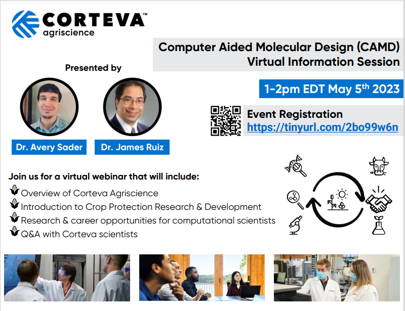 zackbuc1's tweet photo. .@corteva SMDD will be hosting a virtual webinar from 1-2PM EDT on 5/5! This will be a great opportunity to learn more about how our computational scientists help drive our research mission! We're currently looking to hire a computational chemist so you won't want to miss this... https://t.co/3zj68Y6Ojn