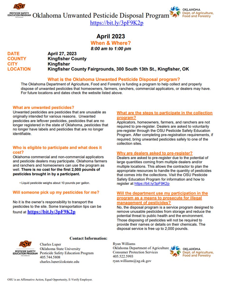 OkstatePestEd's tweet photo. Unwanted Pesticide Disposals April 25 Southeast Expo Center McAlester, April 27 Kingfisher county fairgrounds. More information is available here https://t.co/D5s0bNxqc9 #okstate #extension #pested https://t.co/zkwWqYJTNT