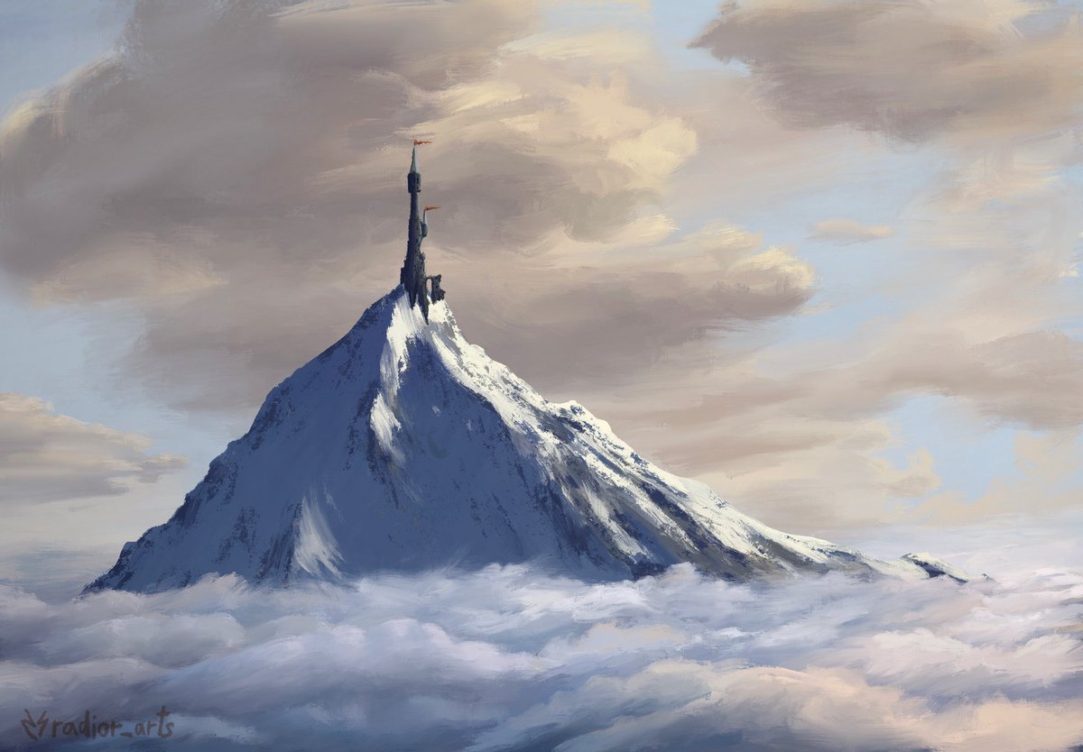 Overseer #PleinAirpril #pleinairpril2023 #day10 #digitalart #fantasylandscape #conceptart #snowypeak #clouds #dailyart