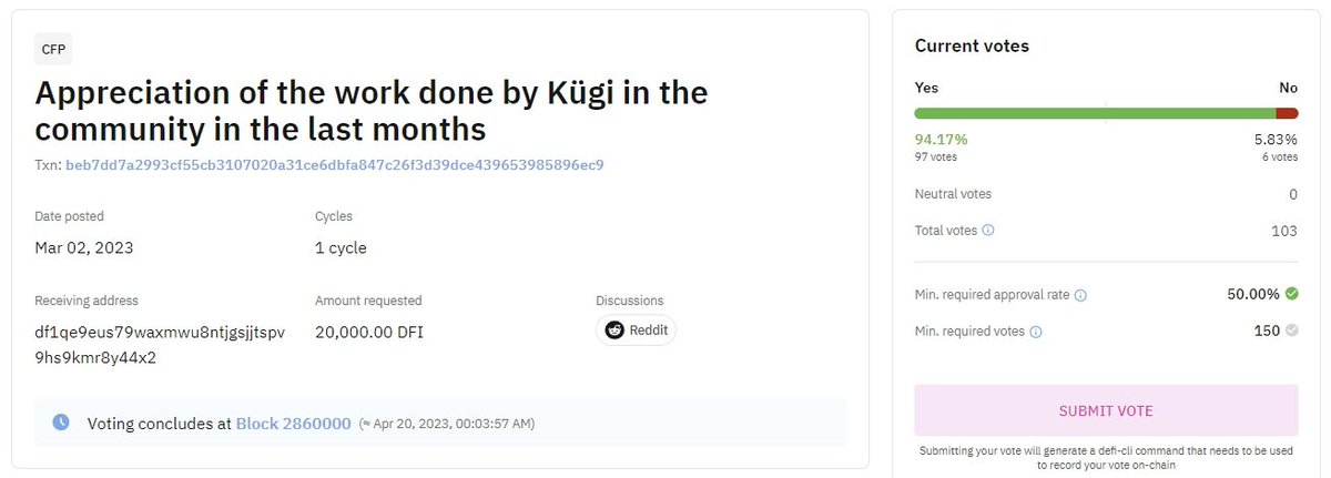 The CFP for Kügi's work has not reached the minimum number of votes. 
Let's go DeFiChain masternodes, cast your vote.