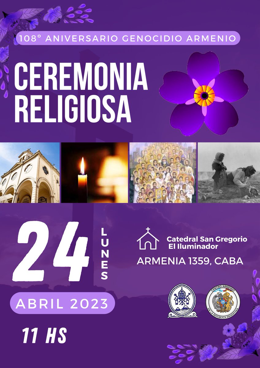 El 24 de Abril a las 11, ceremonia religiosa y acto cívico para honrar a los mártires del Genocidio Armenio al cumplirse el 108º aniversario de ese crimen de lesa humanidad. Armenia 1359, CABA. Invitamos a la comunidad