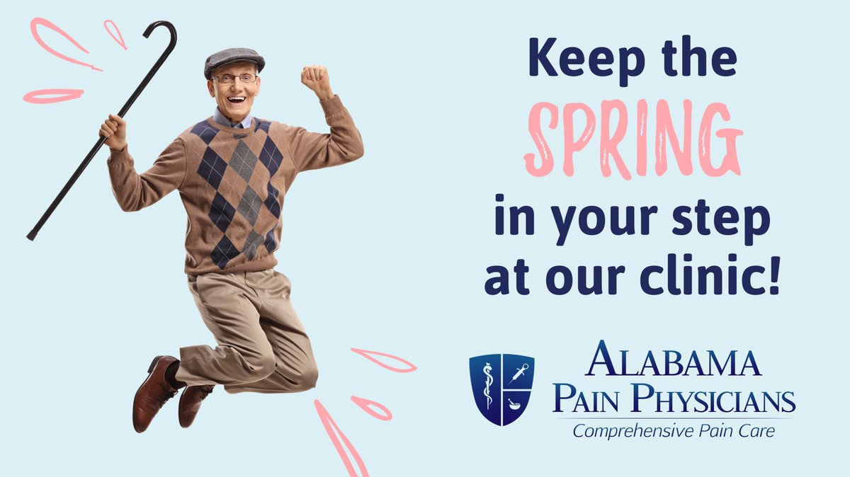 bamapain's tweet photo. Let Alabama Pain Physicians help keep the spring in your step! Schedule an appointment with one of our highly skilled providers today. Call us at 205-332-3160 or visit https://t.co/zKzi9ogR9z. We can't wait to see you!
#BamaPain #alabamapainmanagement #alabamapainphysicians https://t.co/W32Ft8fqzA