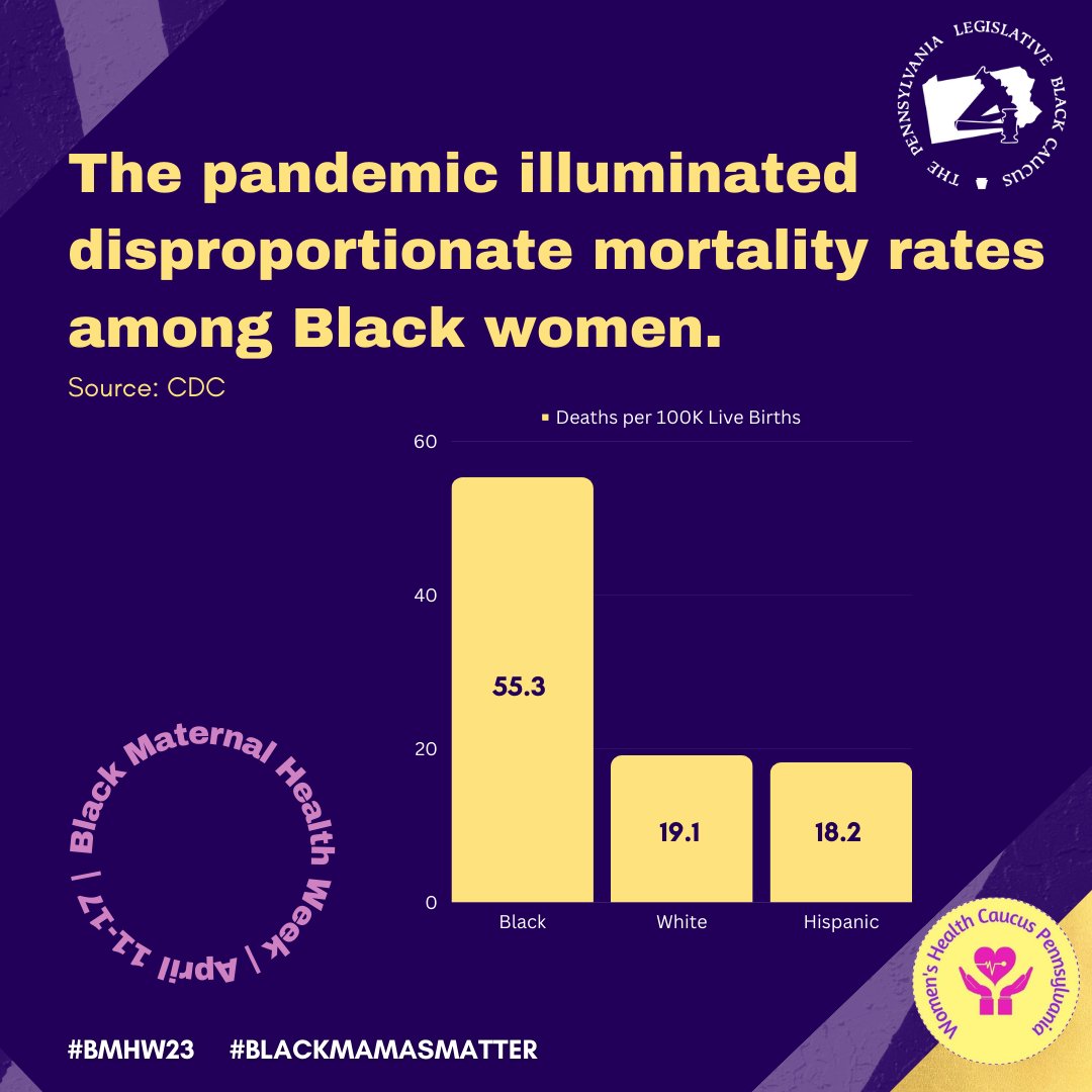 Covid-19 illuminated maternal mortality rates, Black women were most disproportionately affected with rate of 55.3 deaths per 100,000 live births, compared to 19.1 deaths per 100,000 live births for White women.

#BMHW23