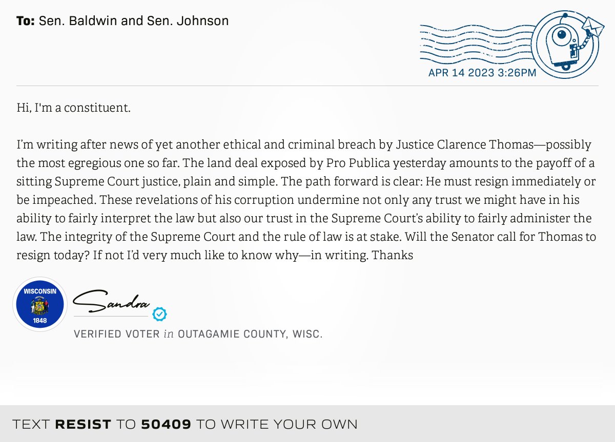 openletterbot's tweet photo. π¬ I delivered this βοΈ from Sandra, a π³ verified voter in Appleton, Wis., to @SenatorBaldwin and @SenRonJohnson #WI8 #WIpolitics π Write your own: https://t.co/z5540KoPID https://t.co/csfMdKFOKV