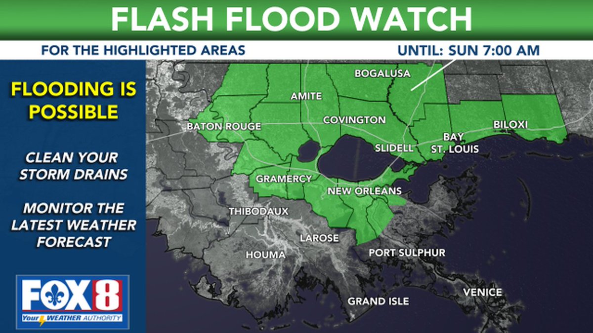 FOX8NOLA's tweet photo. FLASH FLOOD WATCH: Heavy rains are possible which could lead to flooding. Stay weather aware! #lawx #mswx https://t.co/tKN0NdEJ2U