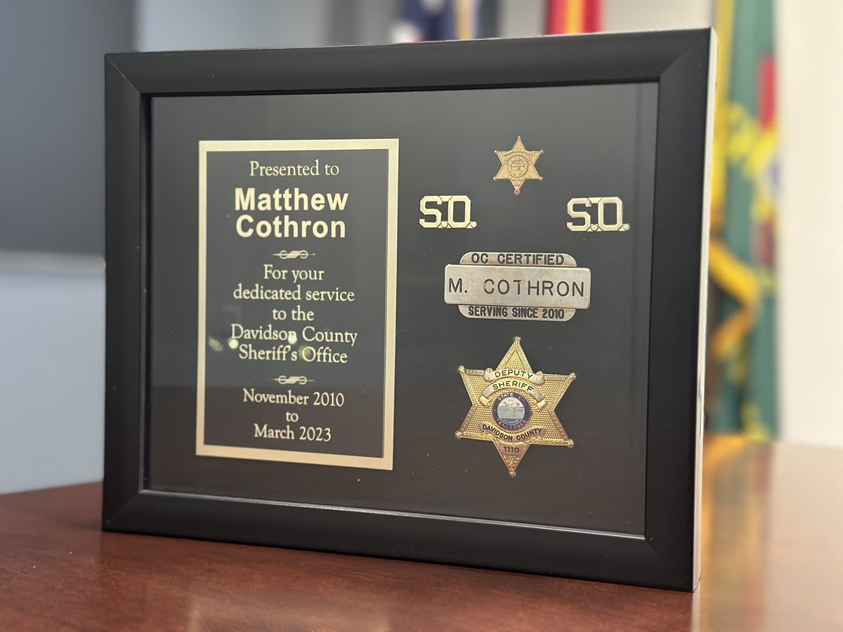 DaronHall7's tweet photo. Congratulations and happy #retirement to Matthew Cothron. Thank you for all your hard work &amp; dedication in the @Nashsheriff Security Division. We wish you all the best in your future endeavors. https://t.co/AIjK8EjXuw