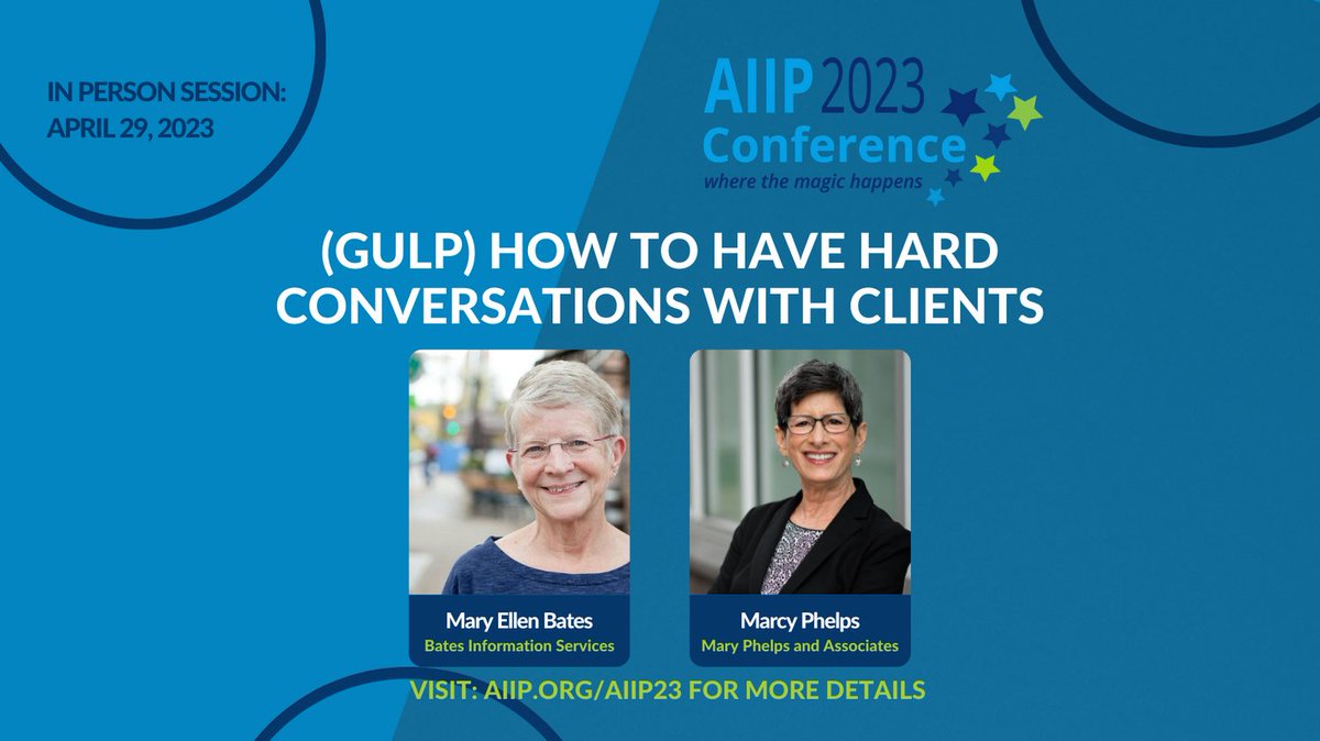 Mary Ellen Bates <a href="/mebs/">Mary Ellen Bates</a> &amp; <a href="/MarcyPhelps/">Marcy Phelps</a> will offer techniques/strategies for taking ownership over and leading difficult client conversations - and engage attendees in role play.
Register bit.ly/AIIP23Register
#pricing #scopecreep #expectations #infopro #infopreneur