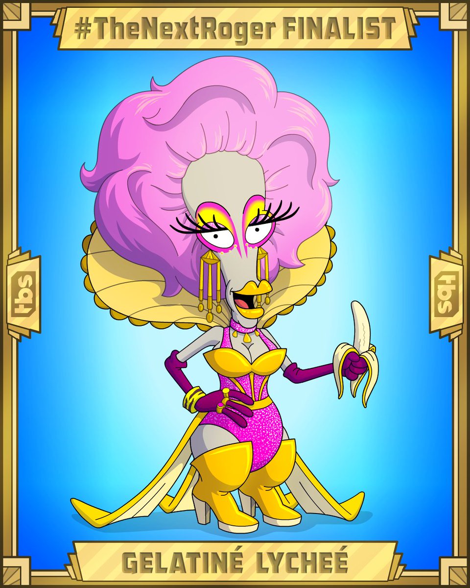 AmericanDadTV's tweet photo. Here's another finalist for #TheNextRoger, submitted by @codfac. Gelatiné Lycheé: Drag queen with a popular podcast about breakfast and blowjobs. Congrats! Make sure to vote next week. https://t.co/R8519NXbvy