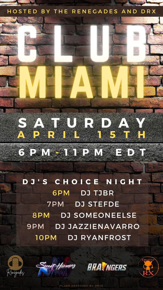 This Saturday 4/15/23 at 6pm head out to the Renegades Club Miami! Featuring DJ's <a href="/DTjbr3dx/">TJBR3DX</a> <a href="/stef3dxchat/">DjStef3dxchat</a> @SomeoneElseLand <a href="/JazzSweetness/">Jazz</a> and @RyanFrost3DX !!
#drxclub #drx #3dxchat