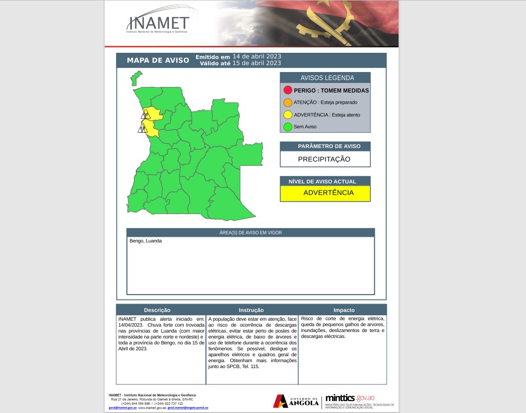 inamet_oficial's tweet image. Alerta 🚨⛈️🌧️

Chuvas intensas, acompanhadas de trovoadas na província de Luanda (com maior intensidade na parte norte e nordeste) e toda a província do Bengo, no dia 15 de Abril de 2023.
#trovoada #chuvaintensas #angola #alerta