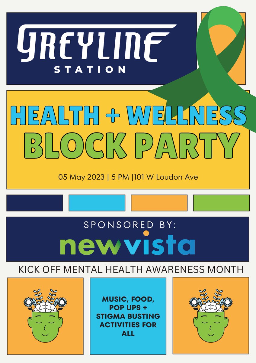 Join us Friday, May 5 for a Block Party at Greyline Station to kick off Mental Health Awareness Month. We'll have affirmation bracelet crafts, a positivity wall, games, food and more!