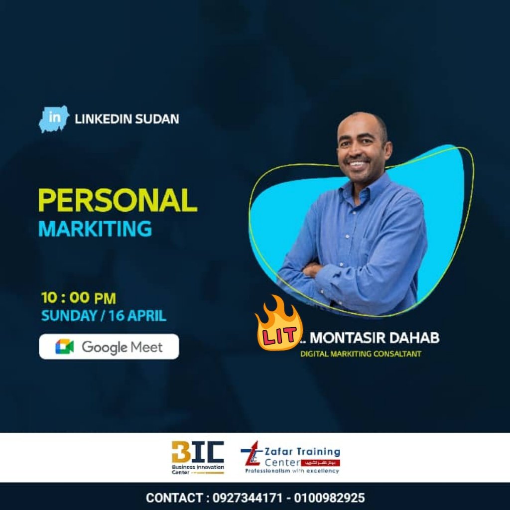 DahabMonte's tweet photo. يسعدني المشاركه في النسخه الثانيه من البرنامج المتميز لينكدن السودان LinkedIn Sudan  بمشاركة نخبه من المدربين والخبراء المتميزين ،اقدم ورشة يوم الاحد القادم ان شاء الله عبر  google meet موضوعها عن Personal Marketing  للمشاركه في الورشه وغيرها من الورش المتميزه خلال هذه الفعاليه https://t.co/wK4o4ULULe