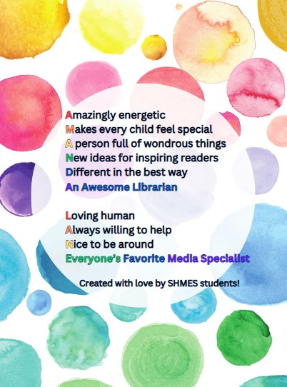 saraharpminter's tweet photo. We are so excited to honor @MandaU for Media Specialist’s Day! We love you, Mrs. Lane and the spaces your create for our students to love books. 📚 📕 📖 #shinetogether #teamMinter https://t.co/VHekbMYKjU
