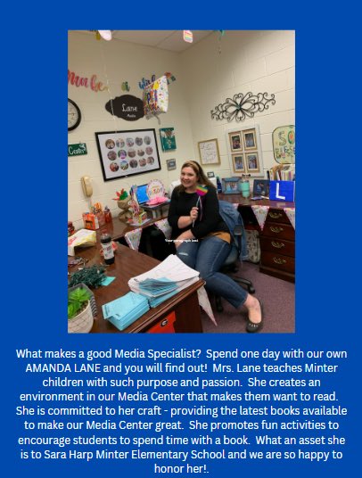 saraharpminter's tweet photo. We are so excited to honor @MandaU for Media Specialist’s Day! We love you, Mrs. Lane and the spaces your create for our students to love books. 📚 📕 📖 #shinetogether #teamMinter https://t.co/VHekbMYKjU