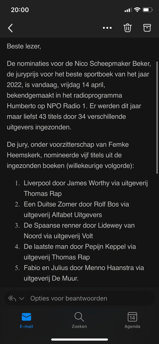 RolfBos's tweet photo. Mijn boek ‘Een Duitse Zomer’ genomineerd voor beste sportboek van het jaar 2022. Eervol! Ik ga op voor de beker die vernoemd is naar een groot sportjournalist, die toevallig ook nog een rol speelt in dat boek over de Olympische Spelen van 1972. Nico Scheepmaker. https://t.co/E3yuuukjn7