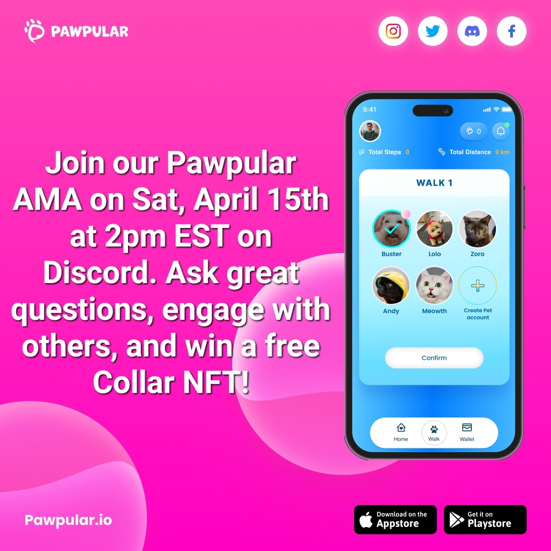 PawpularApp's tweet image. Join us this Saturday, April 15th at 2 pm EST for a Pawpular AMA session on Discord where you can ask your most burning questions and engage with like-minded individuals.

#PawPular #WalktoEarn #NFTcollection #petlover #Web3app #petapp