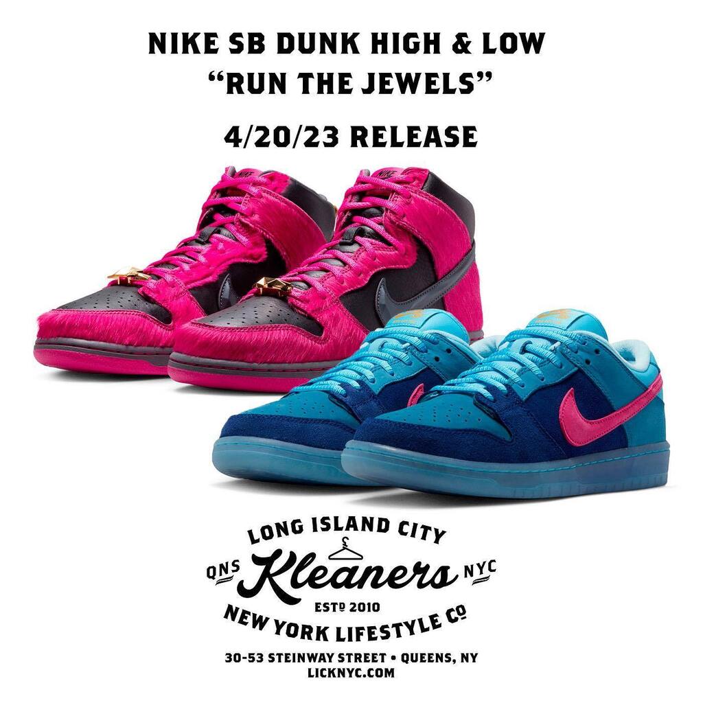 licknyc's tweet photo. Nike SB “Run The Jewels” • Dunk High ($140 • Sizes 7-12) &amp; Dunk Low ($130 • Sizes 7-13) • April 20, 2023 
•
In-store raffle closes at 5pm on Wednesday, 4/19/23.
•
If you want to purchase a pair of either (or both) of these sneakers you must enter… https://t.co/baSN2te9iz https://t.co/PSZIA2VCNN