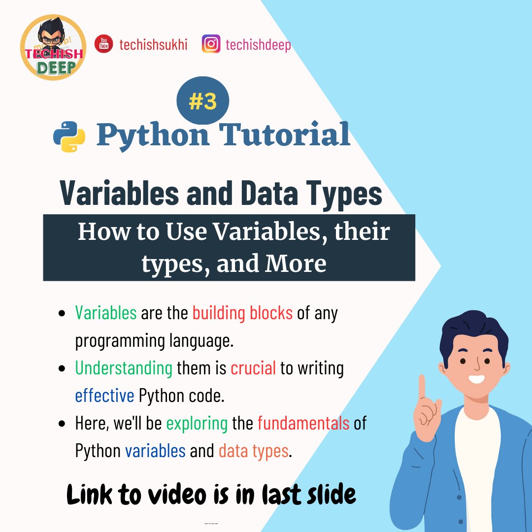 TechishDeep's tweet photo. https://t.co/mykqRBiaAK

Third video on exploring the fundamentals of #Python variables and data types

A popular programming language used for a wide range of applications, from web development to data analysis and artificial intelligence. #pythonprogramming #visualstudiocode https://t.co/RsK3MYEYFO