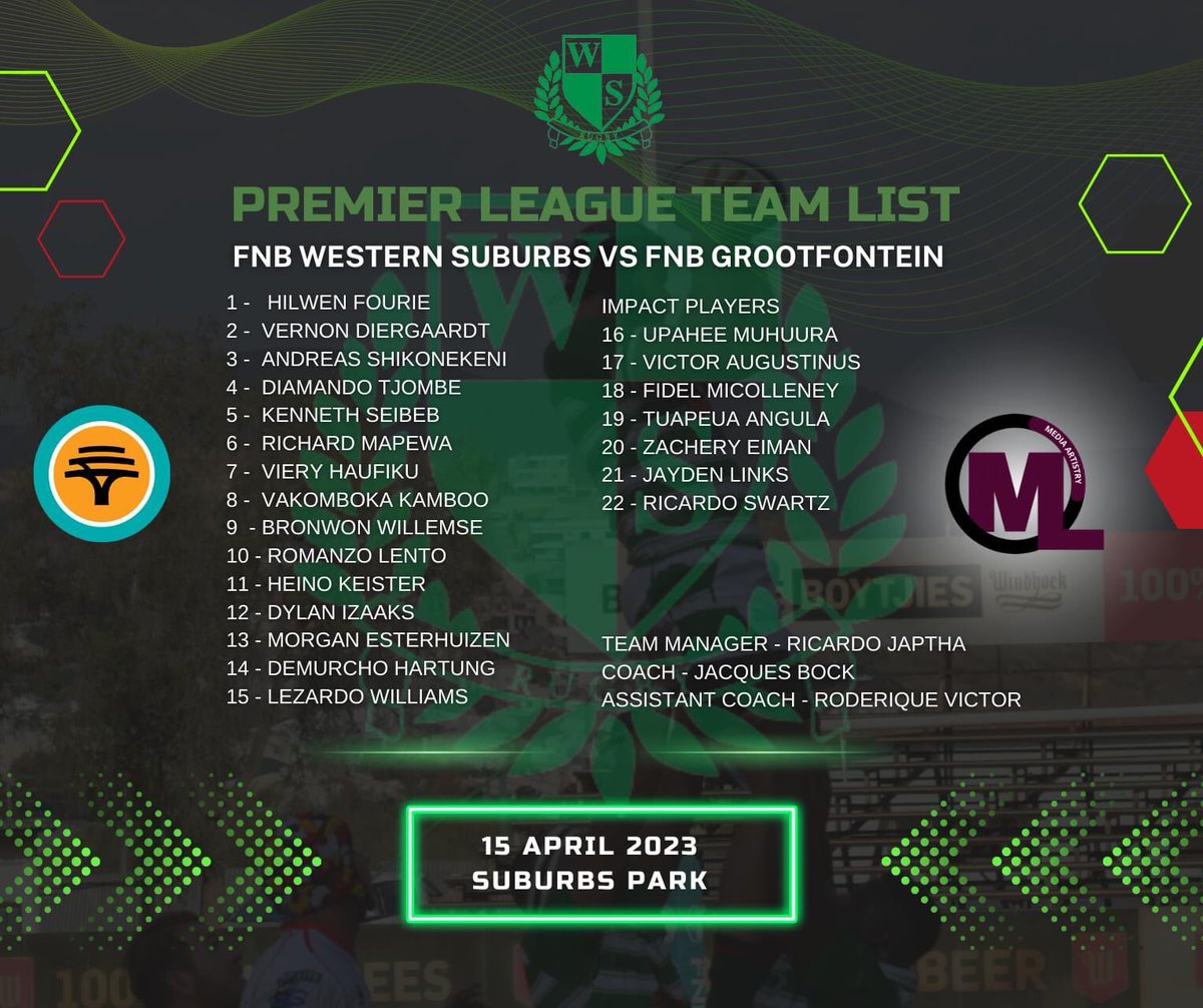 fnb_wsrc's tweet photo. Introducing the Premier League Match Day Squad for Tomorrow, 15 April 2023 FNB Western Suburbs VS FNB Grootfontein

Make your way to the Suburbs Park tomorrow to support the boys. 
#OneClubOneGoal ML Media Artistry https://t.co/ik3A6hbZvT