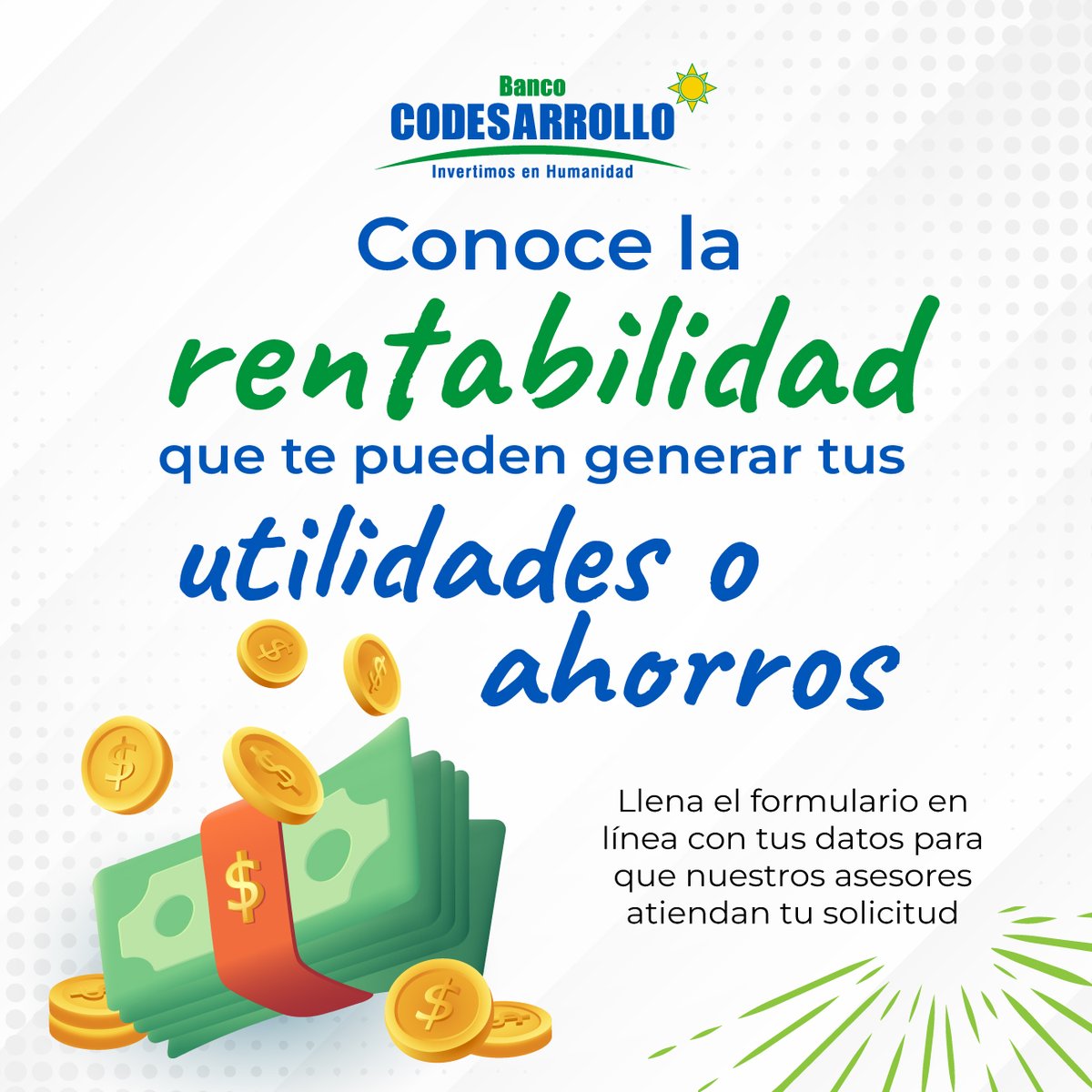 BanCodesarrollo's tweet image. Tu dinero GANA RENTABILIDAD en @BanCodesarrollo Déjanos tus datos y nuestros asesores te darán a conocer la mejor opción de inversión.
📷 Formulario en línea: bit.ly/3GCllL9
#BancoCodesarrollo #QueLindaGente #InvertimosEnHumanidad