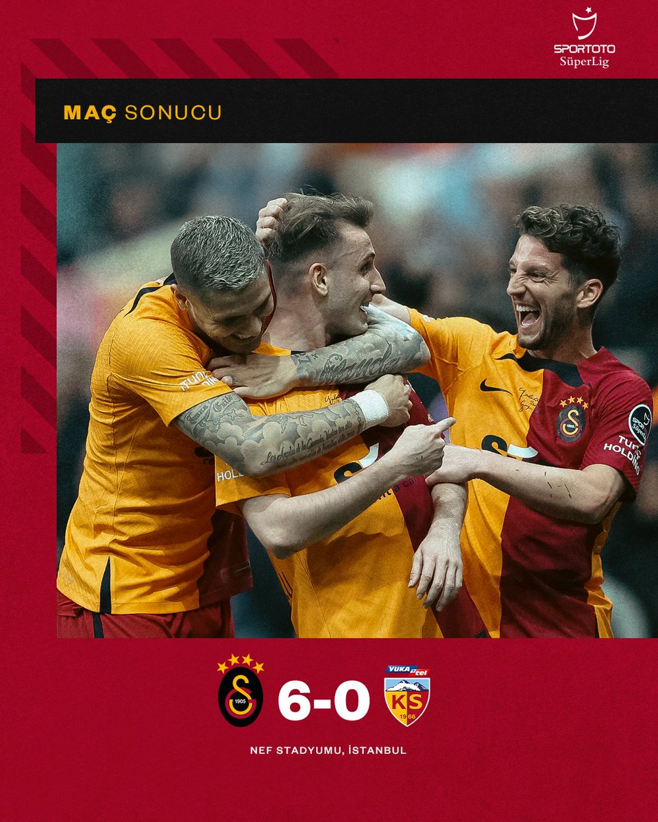 Harika oyun, enfes galibiyet! 👏

ŞEN OLA CİMBOM! 💪🦁

Galatasaray 6-0 Y. Kayserispor 

⚽ 18', 42', 45+12' <a href="/MauroIcardi/">MauroIcardi</a>
⚽ 24' <a href="/milotrashica/">Milotrashica</a>
⚽ 59' <a href="/keremakturkoglu/">Kerem Aktürkoğlu</a> 
⚽ 71' Zaniolo

#GSvKYS