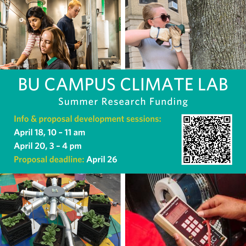 IGS_BU's tweet photo. Tap into summer #CampusClimateLab research funding for BU students, up to $10K per project. Join a virtual info session on 4/18 or 4/20 to learn about the application process, plus get guidance on your project ideas. Register: https://t.co/89NL1UATga https://t.co/J2ibGxa6vb