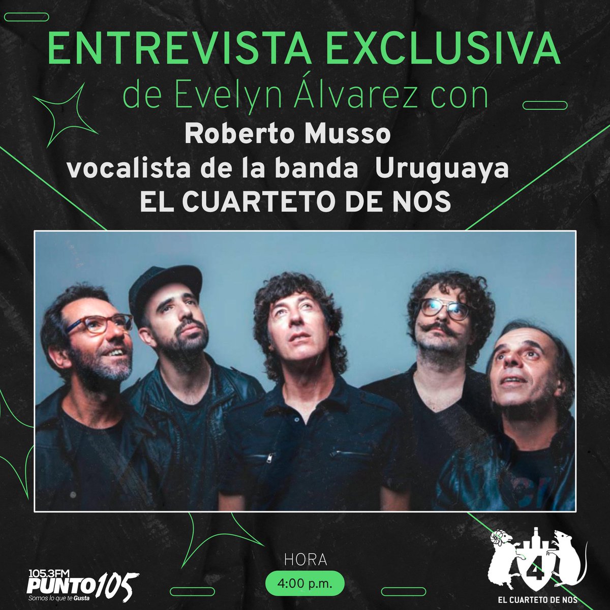 Punto105's tweet photo. 🎙🎶 Esta día no te pierdas la entrevista exclusiva que realizó @lachicky_tia a Roberto Musso🎙 vocalista de la banda Uruguaya #ElCuarteroDeNos , como preámbulo a la presentación en nuestro país gracias a @noise_producer 🎶🎸
⏰ 4:00 p.m. por 105.3 FM 📻 #SomosLoQueTeGusta https://t.co/Qe554IaAMj