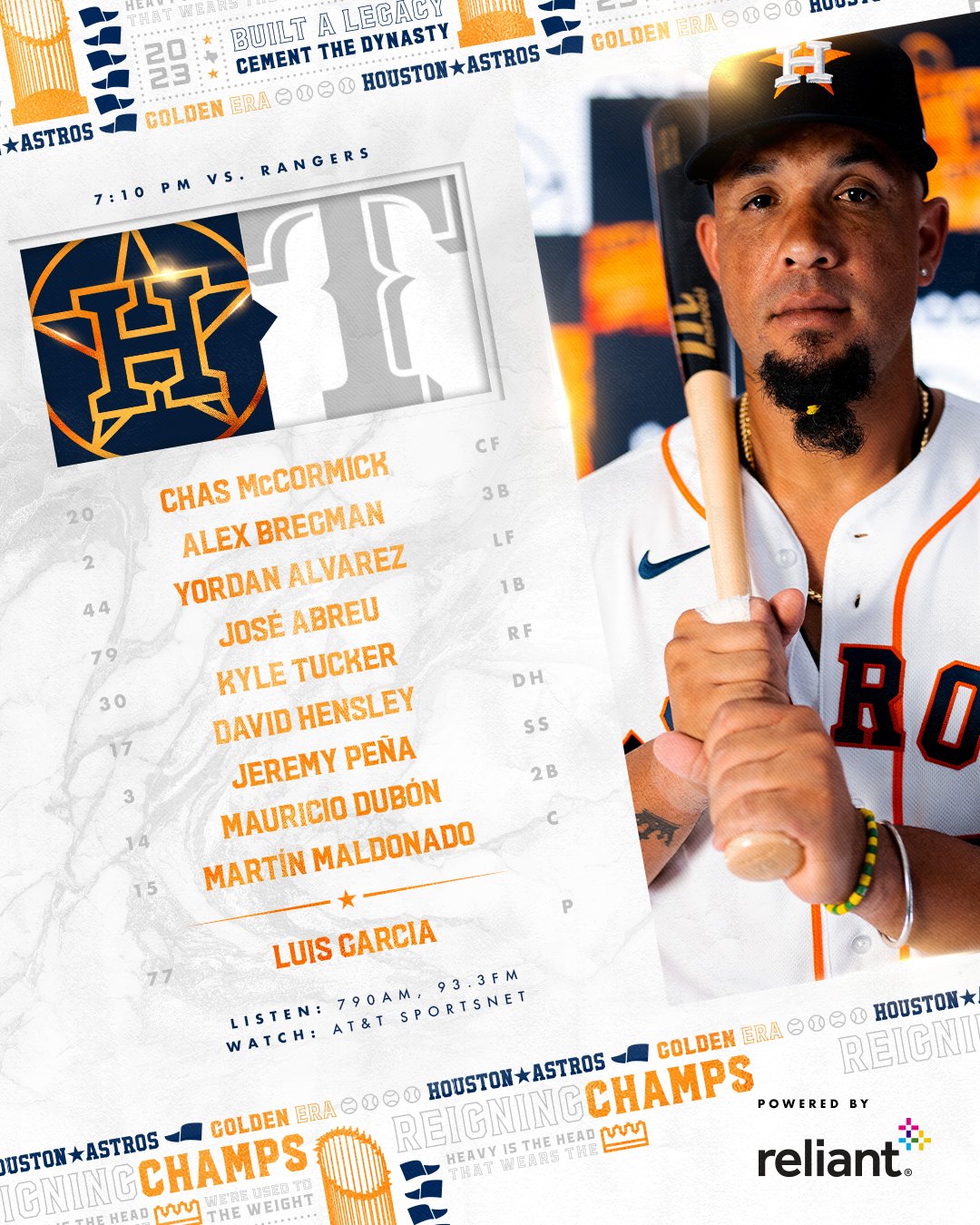 Houston Astros on X: Lone Star Series opener. 🕖: 7:10 PM 🏟: OPEN  (subject to change) 📺: @ATTSportsNetSW 📻: @SportsTalk790