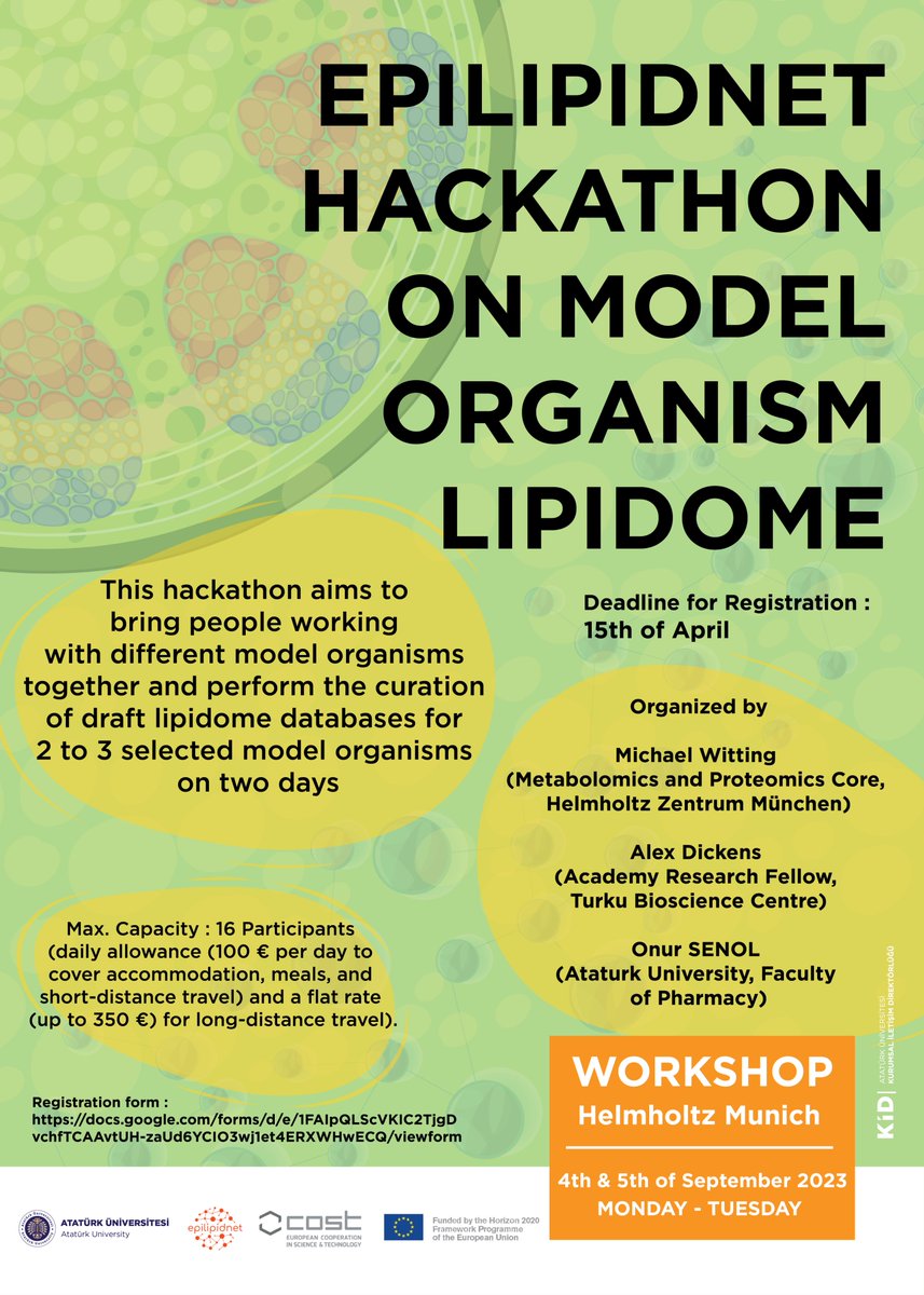 Dear Colleague, tommorrow  (15th April) is the last day of registration for the Epilipidnet Hackathon (data curation on lipidome for model organisms) organized by Prof. Michael Witting. Please click on the link for registration. Last Call!
forms.gle/EWcmikMboceUfk…