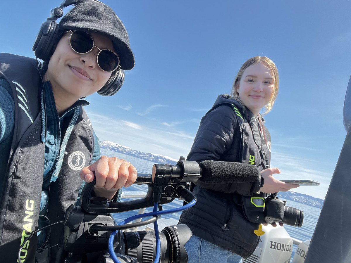 HitchScienceUNR's tweet photo. Fabulous Friday views for @RSJNevada students @VanesadelaCruz_ and @sydneypeerman, reporting from UCDavis’s research boat on Lake Tahoe! 🤩 Our team is working on an #ArcGIS StoryMap about lake water clarity…stay tuned for the final product in a few weeks! https://t.co/47cPeJ9vZd