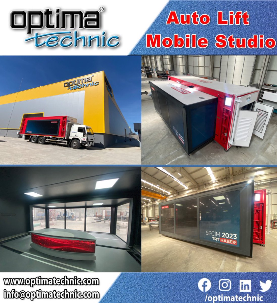 optimatechnic's tweet photo. Optima Technic Mobile Studio projects...
We shipped Auto Lift Two Side Expandable Mobile Studio to TRT for live broadcast services.
@trthaber
#optimatechnic #projects #autolift #broadcast #mobilestudio #trt #trthaber https://t.co/U66D970G3Q