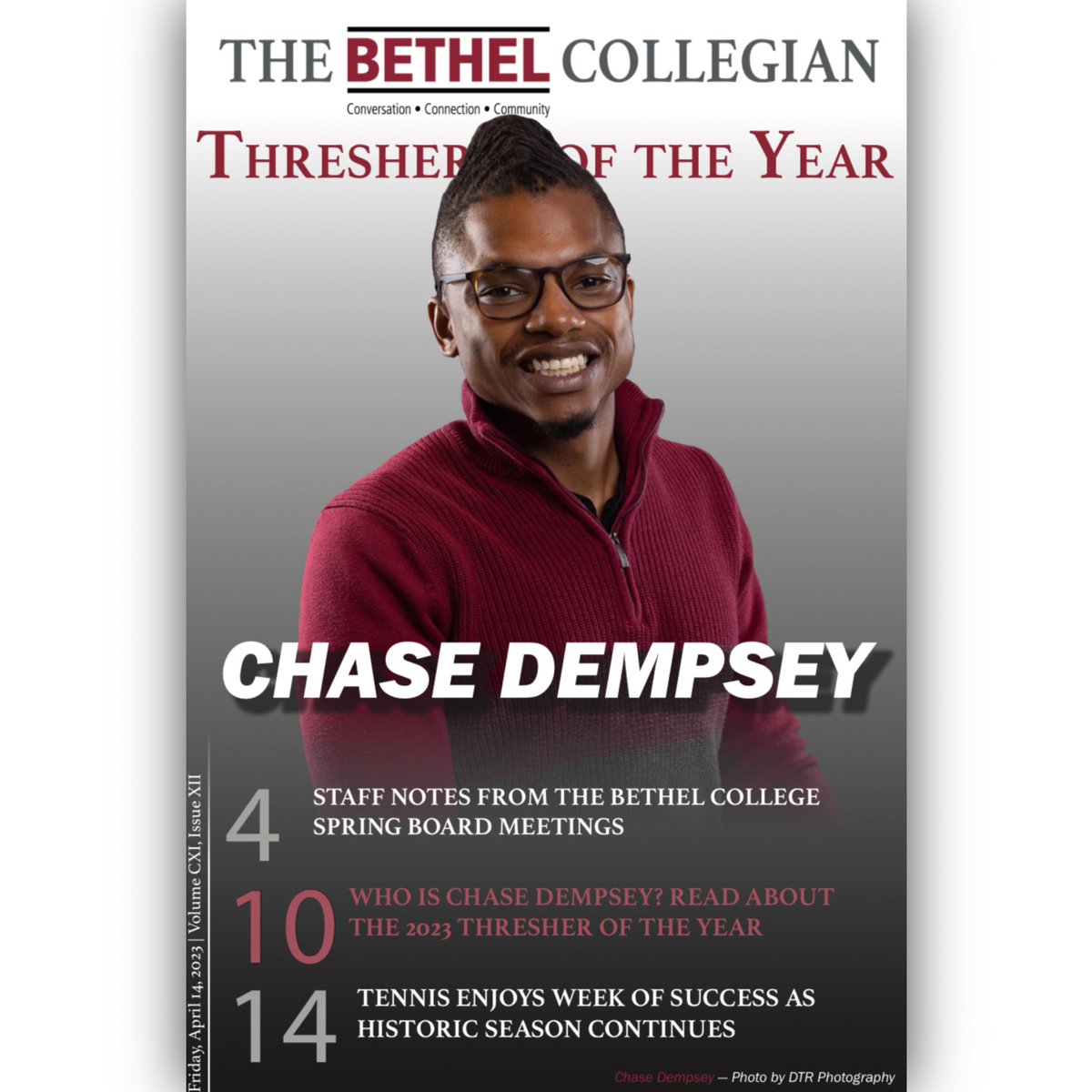 The Collegian’s 2023 Thresher of the Year, Chase Dempsey, graces the front page of volume 111, issue 12 — which is available at these locations:

• The Caf
• Mojo’s
• Ad Building
• The FAC
• Mantz Library
• Newton Public Library
• The WAC
• Thresher Shop

#WeAreThreshers
